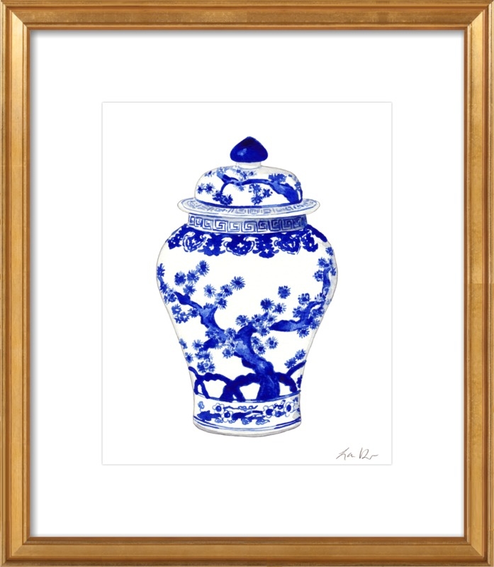Blue and White China Ginger Jar Vase with Japanese Landscape - 14"x17" - Gold leaf wood with Mat - Image 0