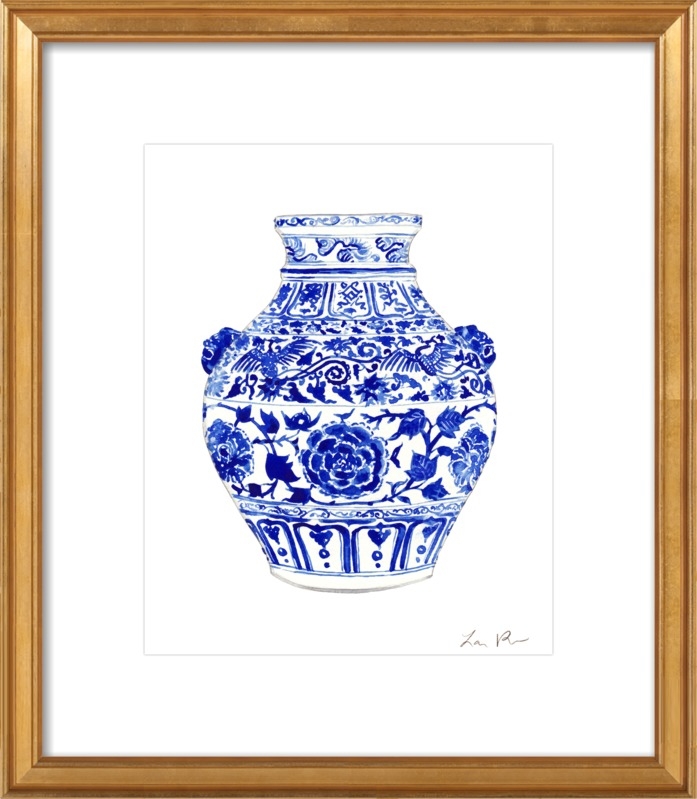 Blue and White China Ginger Jar Vase with Foo Dog Handles-14"x17"-Gold leaf wood with mat - Image 0