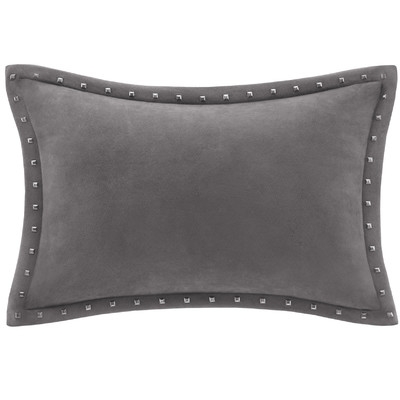 Stud Trim Microsuede Throw Pillow- 14" H x 20" W x 5" D- Gray- Down/Feather fill insert - Image 0