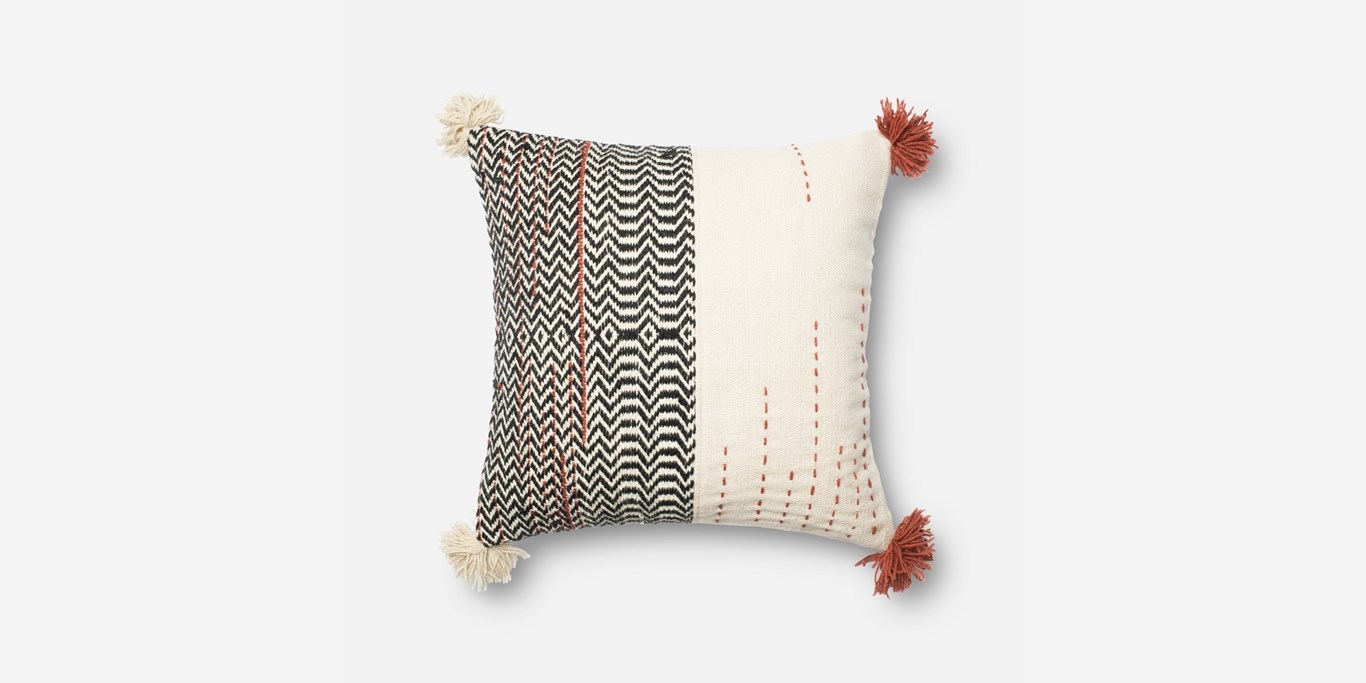 Split Pattern Throw Pillow with Tassels, Black & Orange, 22" x 22" -Poly filled - Image 0