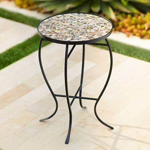 Mother of Pearl Mosaic Black Iron Outdoor Accent Table - Image 0