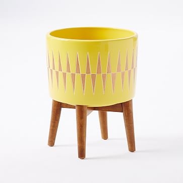 Turned Wood Leg Standing Planter, Wide, Yellow - Image 1