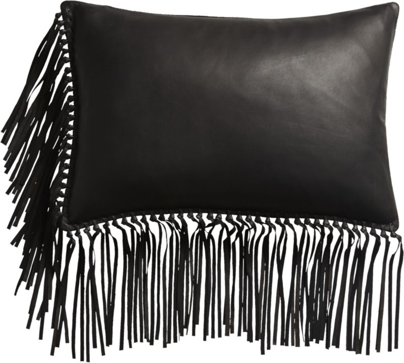 "18""x12"" leather fringe black pillow with down-alternative insert" - Image 1