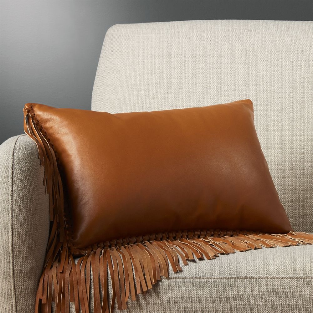 18"x12" leather fringe saddle pillow with feather-down insert - Image 0