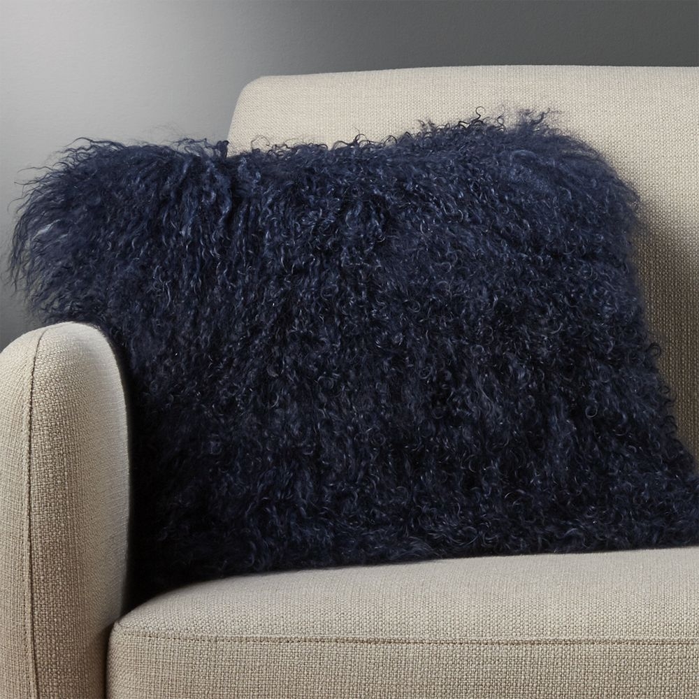"16"" mongolian sheepskin navy pillow with feather-down insert" - Image 0