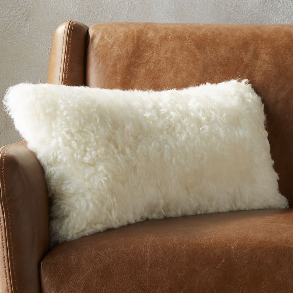 Icelandic White Shorn Sheepskin Fur Throw Pillow with Down-Alternative Insert 23"x11'' - Image 0