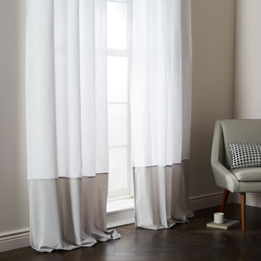 Belgian Flax Linen Velvet Colorblock Curtain - White/Frost - Image 0