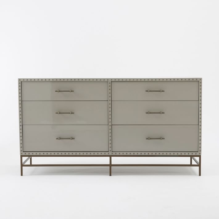 Nailhead 6 Drawer Dresser, Gray Lacquer - Image 0