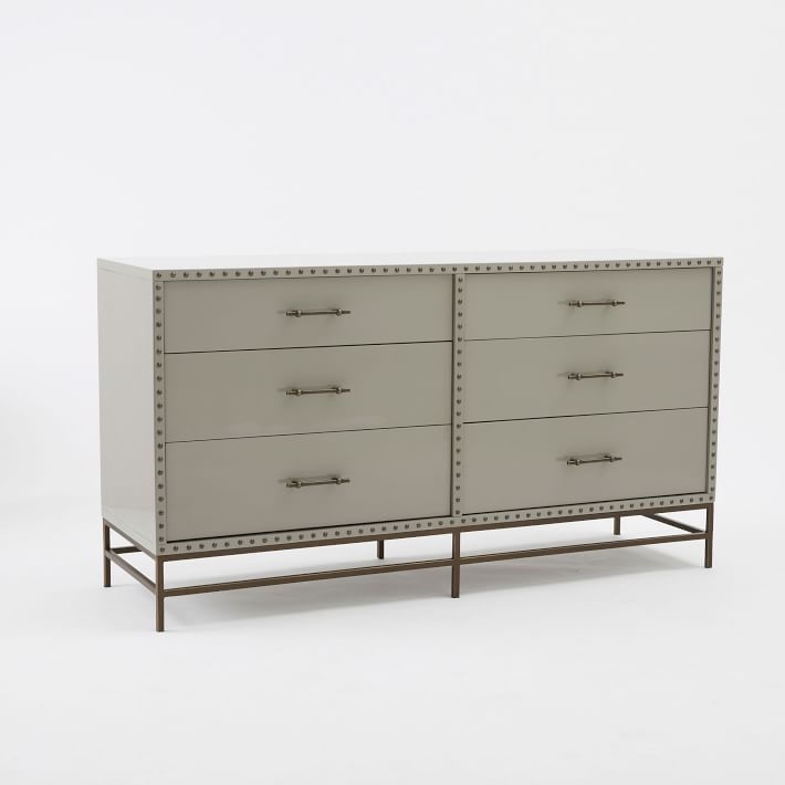 Nailhead 6 Drawer Dresser, Gray Lacquer - Image 1