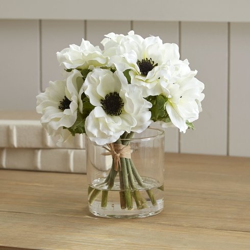 White Anemone Short Bouquet in Glass Vase - Image 0