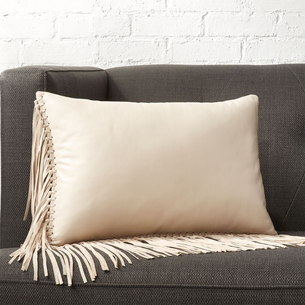 "18""x12"" Leather Fringe Ivory Pillow with Feather-Down Insert" - Image 0