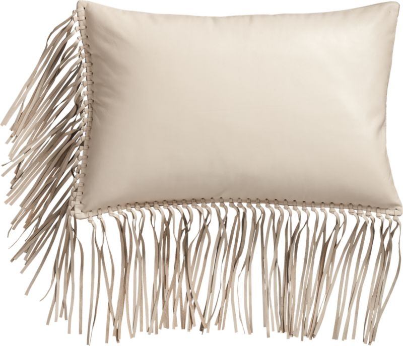 "18""x12"" Leather Fringe Ivory Pillow with Feather-Down Insert" - Image 2
