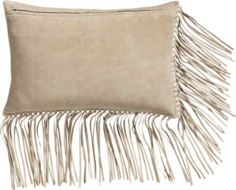 "18""x12"" Leather Fringe Ivory Pillow with Feather-Down Insert" - Image 3
