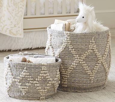 Winter Bohemian Wool Basket -White w/ Silver Metallic Toy Dump - Small - Image 1