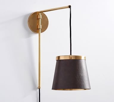 The Emily and Meritt Leather Sconce with Plug-in, Leather/Brass - Image 1