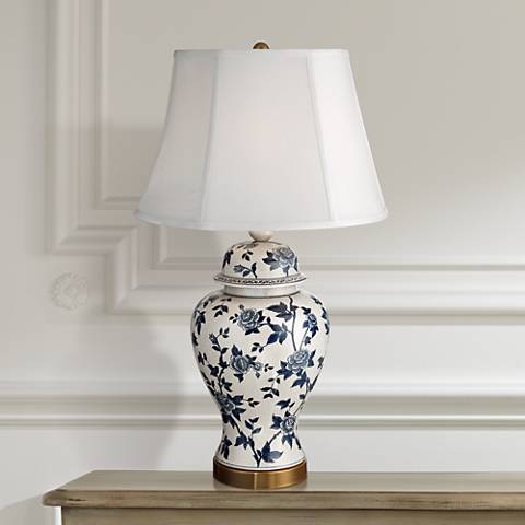 Rose Vine Blue and White Temple Jar Table Lamp - Image 0