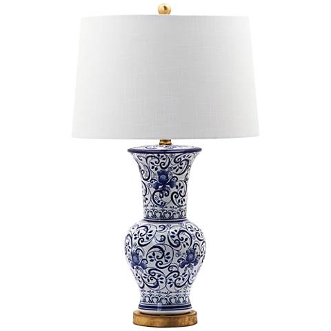 Norham Blue and White Vase Scroll Ceramic Table Lamp - Image 0