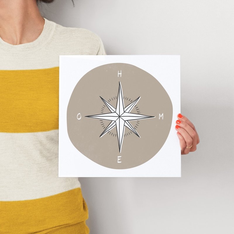 "traveler's compass" framed art print - 11"x11", warm fog, whitewashed herringbone frame - Image 2