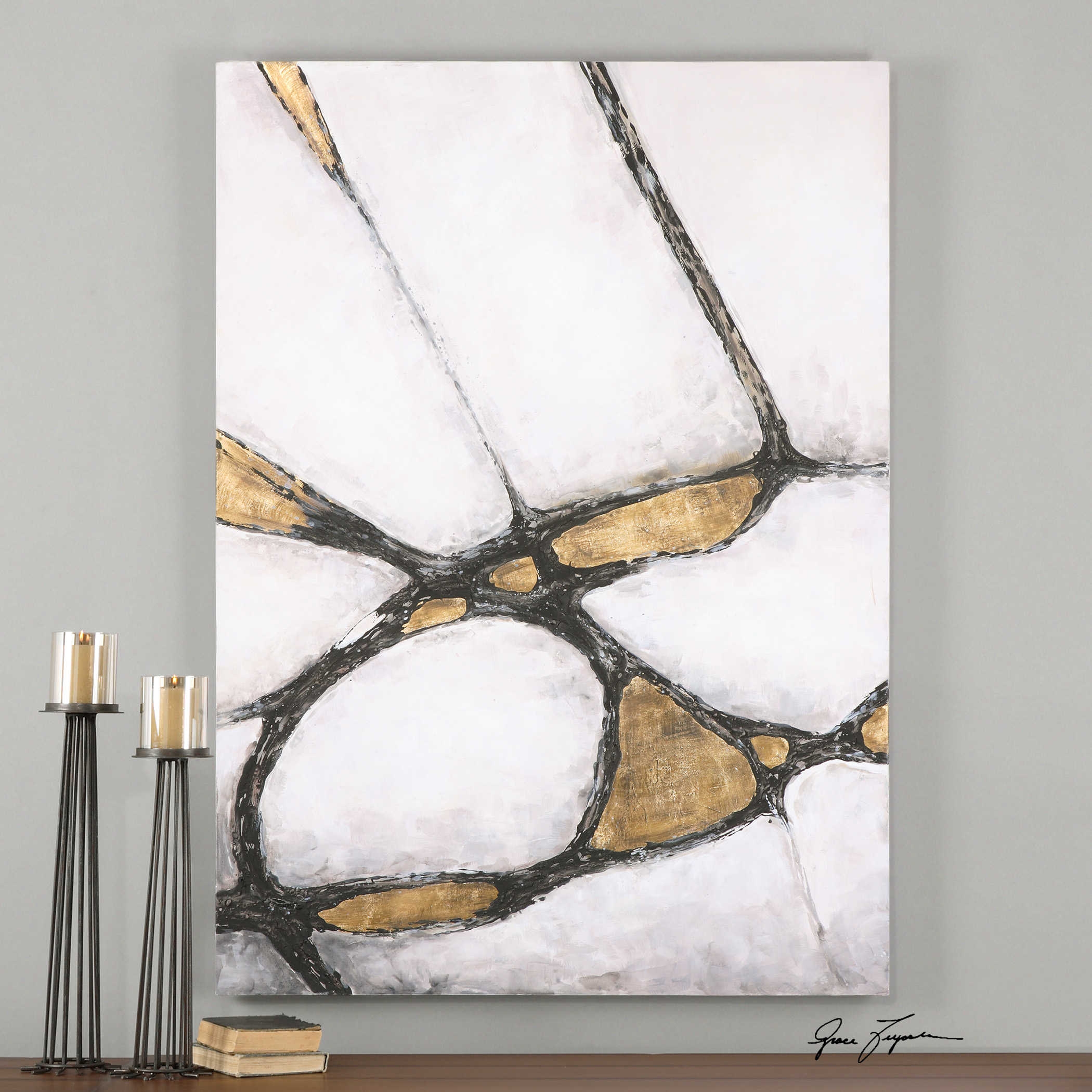 ABSTRACT IN GOLD AND BLACK HAND PAINTED CANVAS - Image 0