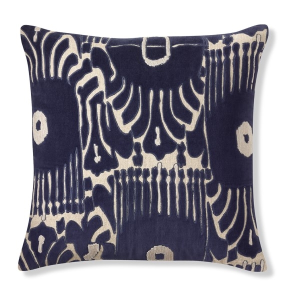 Velvet Ikat Applique Pillow Cover, Navy/Natural - Image 0