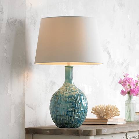 Mid-Century Teal Ceramic Gourd Table Lamp - Image 0