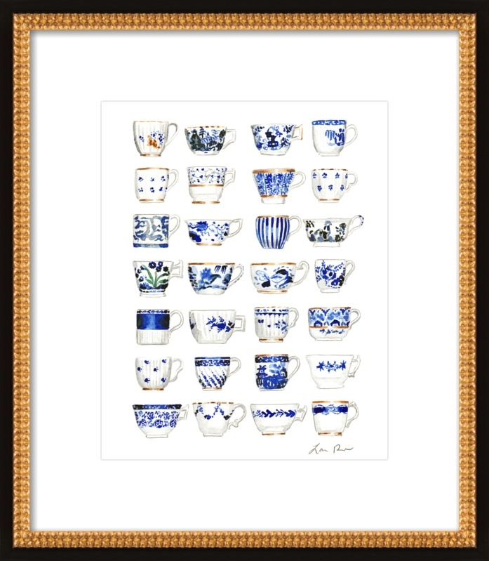 Blue and White Pattern China Teacups Watercolor Painting - Image 0