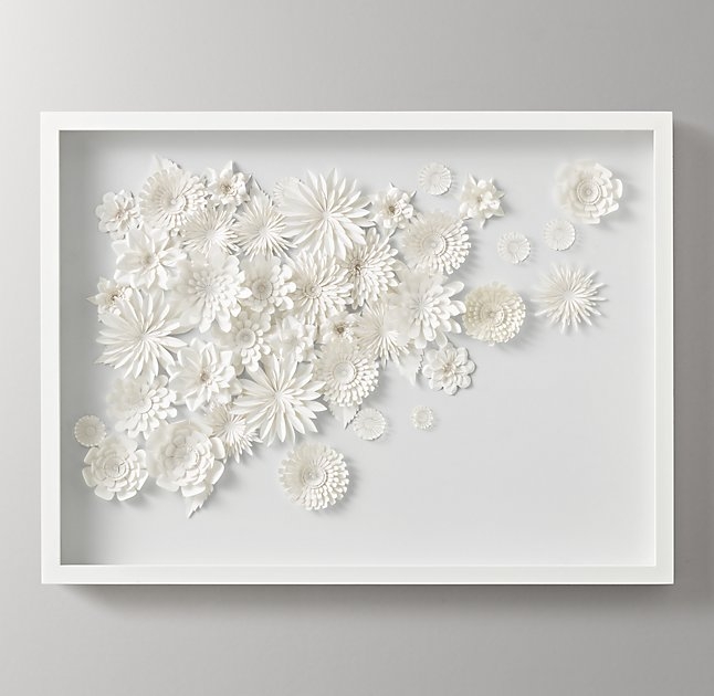 HAND-FOLDED PAPER FLOWER ART LARGE - WHITE - 30"W., 2"D - White Frame - Image 0