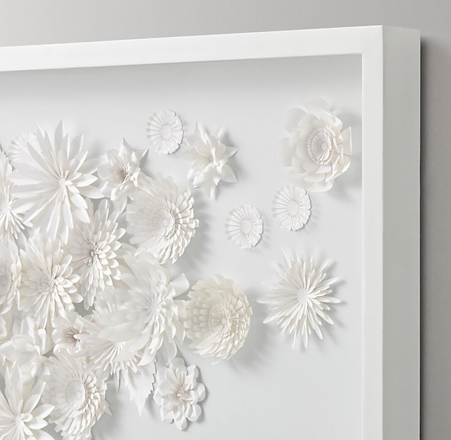 HAND-FOLDED PAPER FLOWER ART LARGE - WHITE - 30"W., 2"D - White Frame - Image 1