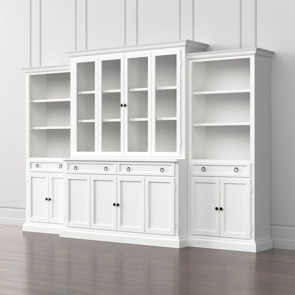 Cameo 4-Piece Modular White Glass Door Wall Unit: Media Console, Hutch with Glass Doors, Modular Left and Right Storage Bookcases. - Image 0