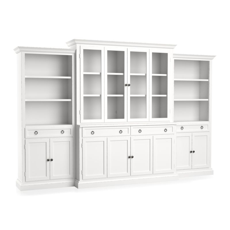 Cameo 4-Piece Modular White Glass Door Wall Unit: Media Console, Hutch with Glass Doors, Modular Left and Right Storage Bookcases. - Image 1