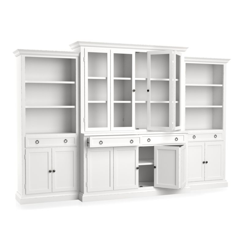 Cameo 4-Piece Modular White Glass Door Wall Unit: Media Console, Hutch with Glass Doors, Modular Left and Right Storage Bookcases. - Image 2