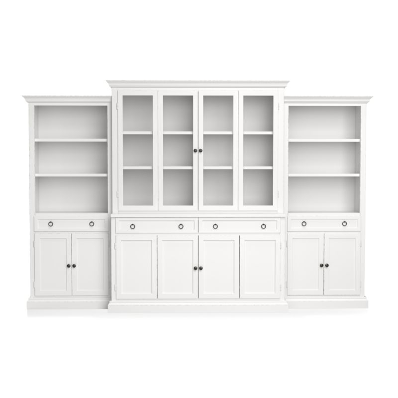 Cameo 4-Piece Modular White Glass Door Wall Unit: Media Console, Hutch with Glass Doors, Modular Left and Right Storage Bookcases. - Image 4