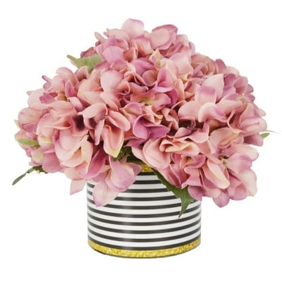 Hydrangea Bouquet in Striped Pot - Image 0