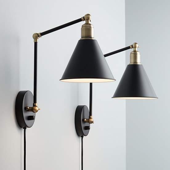 Wray Black and Antique Brass Plug-In Wall Lamp Set of 2 - Image 0