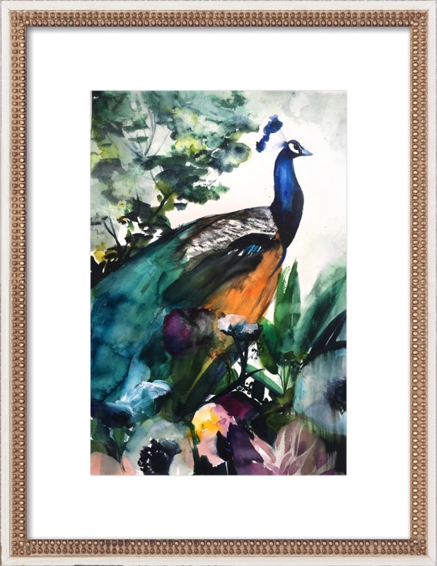 Peacock Garden - 14x20" -Distressed cream double bead wood, frame - With mat - Image 0
