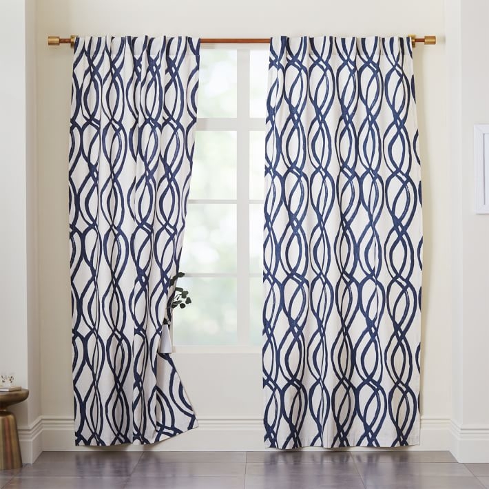 Cotton Canvas Scribble Lattice Curtain, Set of 2, Midnight Blue, 48"x96" - Image 0