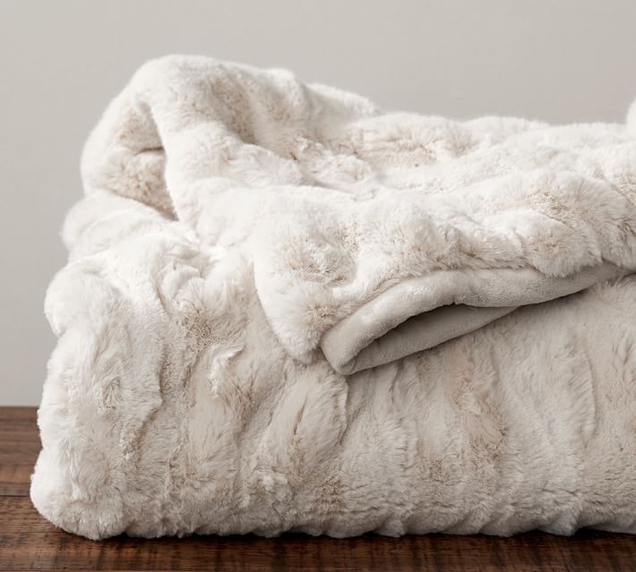 Ruched Faux Fur Throw, 50x60", Ivory - Image 0