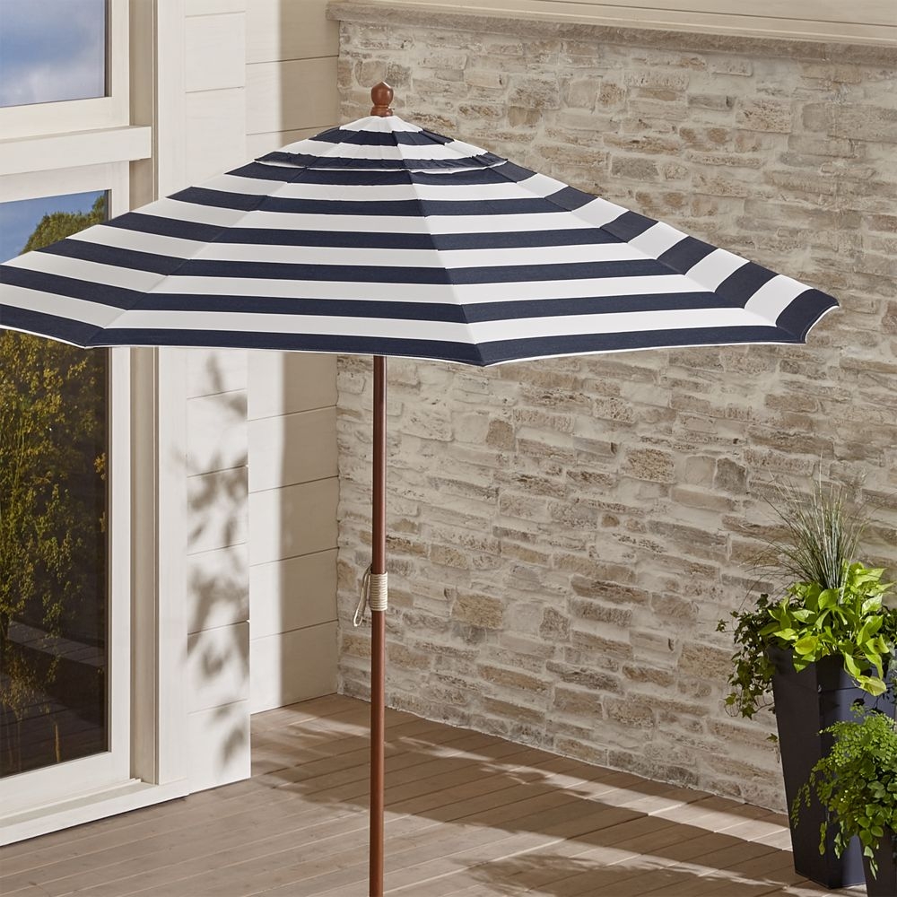 9' Round Sunbrella ® Cabana Stripe Navy Outdoor Patio Umbrella with Eucalyptus Frame - Image 1
