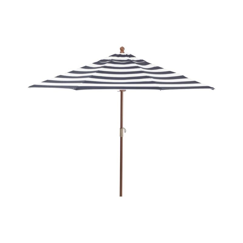 9' Round Sunbrella ® Cabana Stripe Navy Outdoor Patio Umbrella with Eucalyptus Frame - Image 0