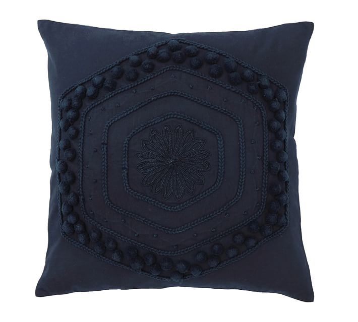 Pom Pom Embroidered Pillow Cover, 20", Navy - Image 0