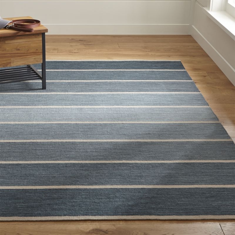 Bold Blue Wool-Blend Striped Dhurrie Rug 8'x10' - Image 1