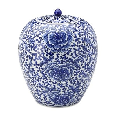 Ginger Jar, 12", Lidded, Blue/White, Rose Motif - Image 0
