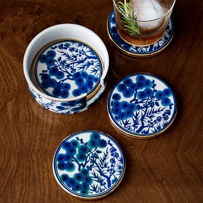 Chinoiserie Ceramic Coasters and Holder, Blue and White - Image 1