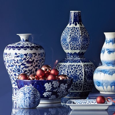 Ceramic Herringbone Vase, Round, Blue - Image 1