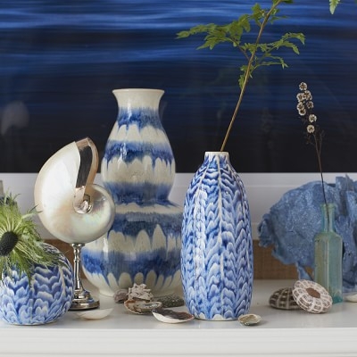 Ceramic Herringbone Vase, Tall, Blue - Image 1