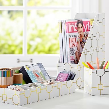 Printed Desk Accessories, Set of 3: Magazine Caddy, Divided Tray and Cup, Metallic Gold Geo - Image 0