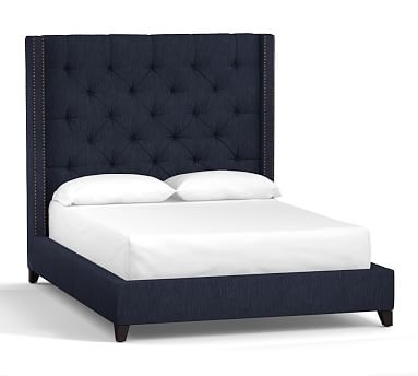 Harper Upholstered Tufted Tall Bed with Bronze Nailheads, California King, Performance Twill Cadet Navy - Image 1