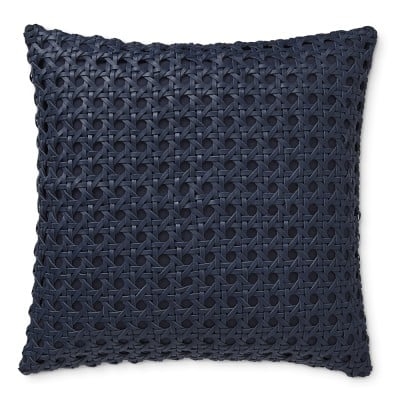 Cane Woven Leather Pillow Cover, 20" X 20", Navy - Image 0