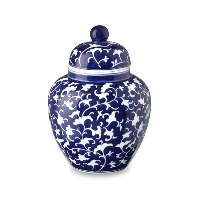 Vine Motif Temple Jar, Blue &amp; White - Image 0