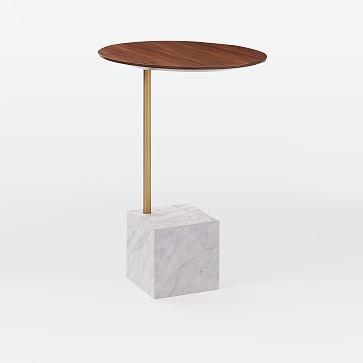 Cube Side Table, Walnut/Antique Brass/White Marble - Image 1